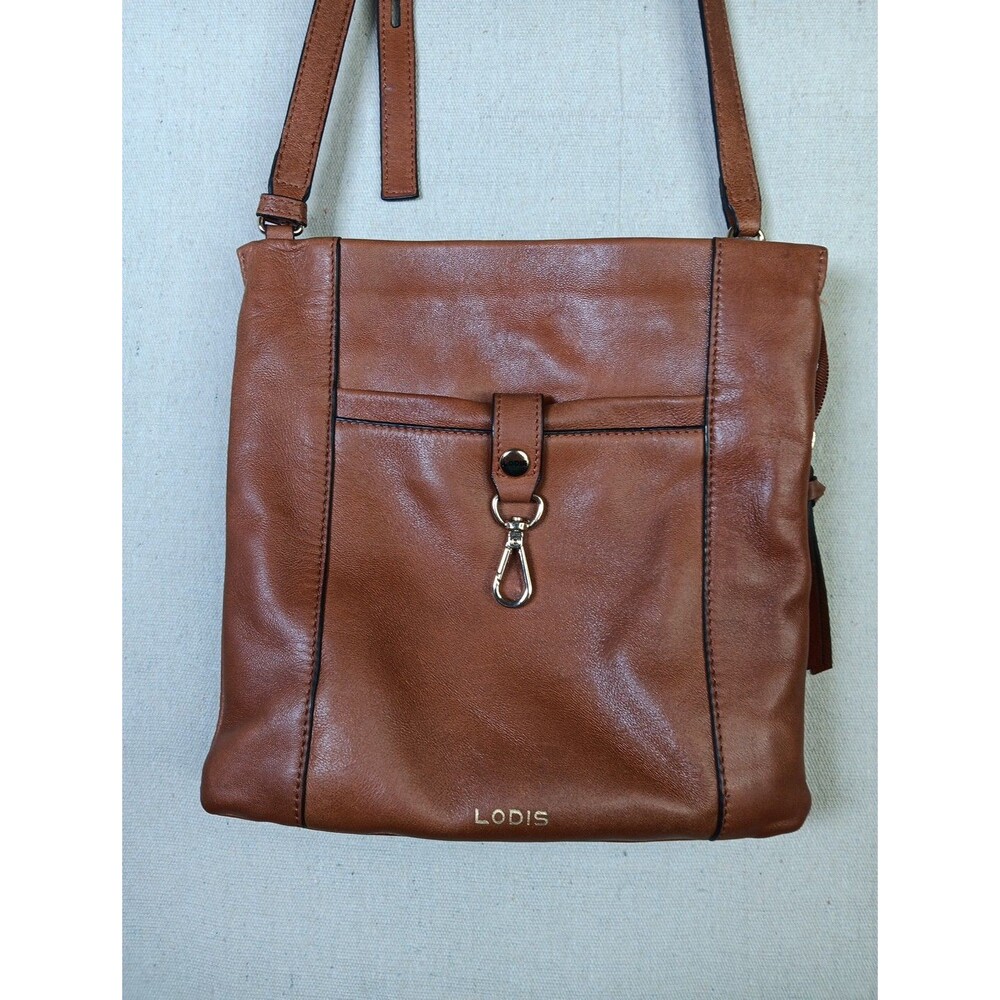 Lodis Riley Crossbody Handbag Purse Brown Leather Adjustable Zip Top EUC - Picture 2 of 8